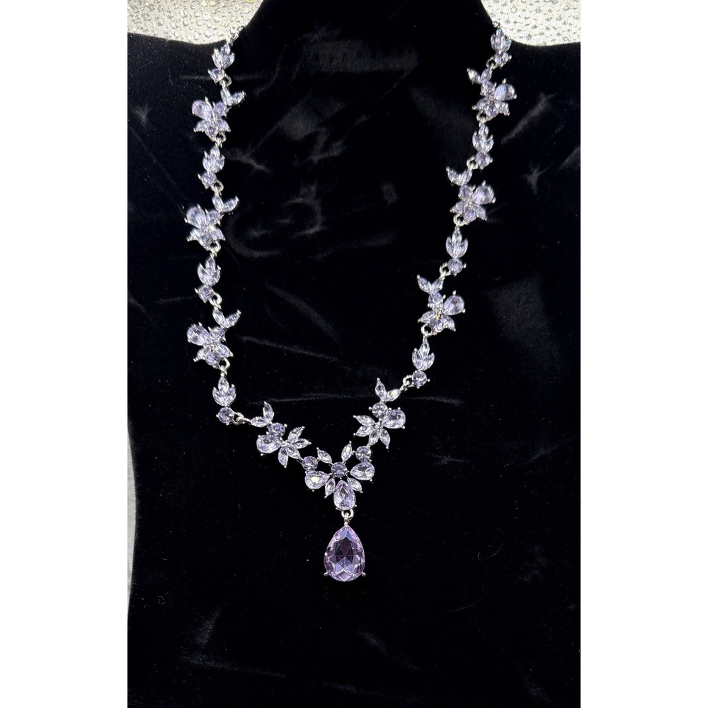Vintage Style Gold Floral Bib Necklace Lavender Teardrop Rhinestone Princess 19"